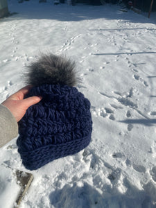 Crocheted beanie - navy blue - removable pompom