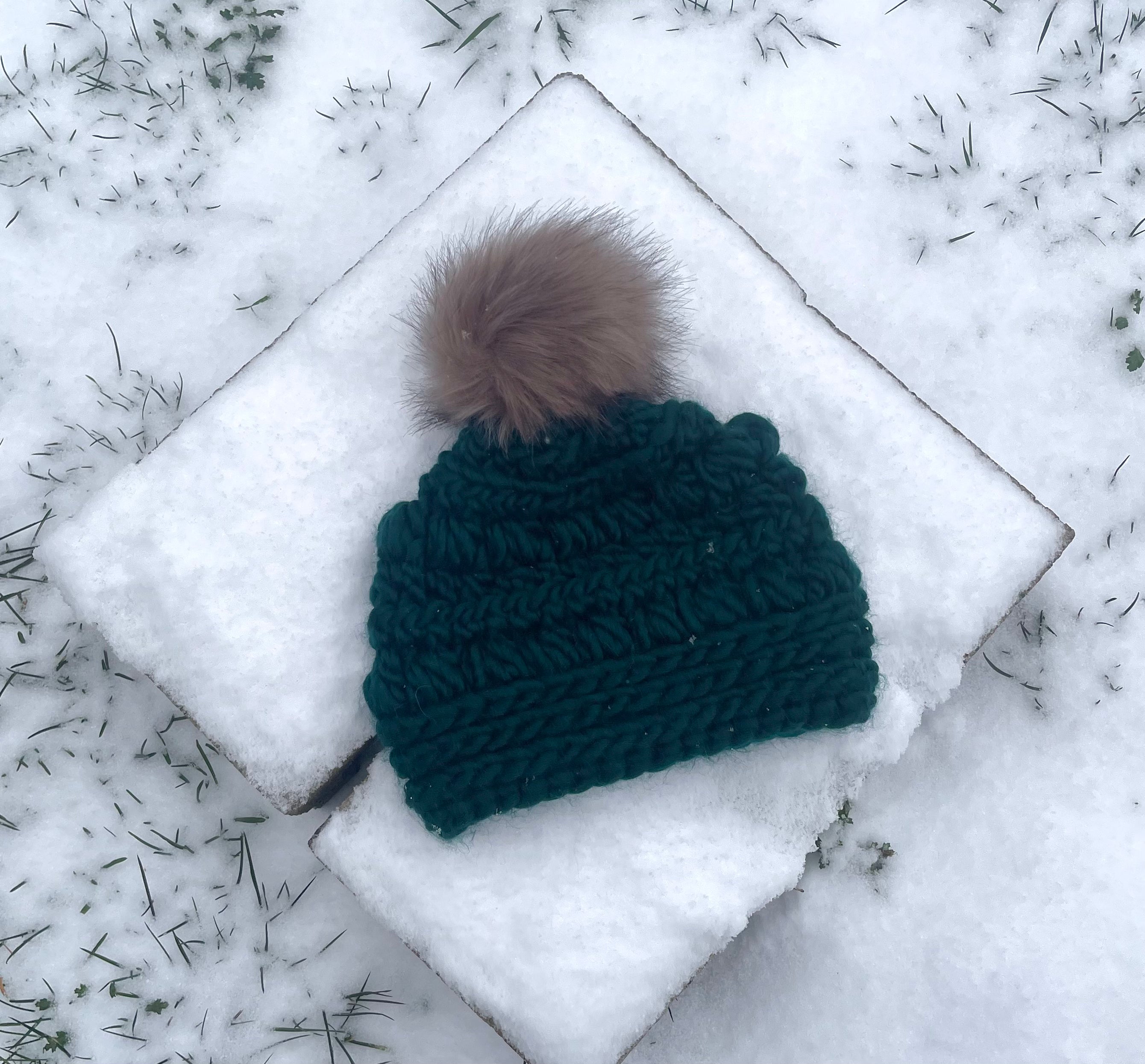 Crochet beanie -  winter green- 60% wool - with removable pompom